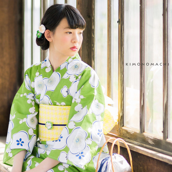 浴衣 レディース 単品 「緑色 梅」 S F TL LL サイズ KIMONOMACHI 京都きもの町 オリジナル レトロ モダン かわいい 大人柄 変わり織り綿 女性浴衣単品 女浴衣 ゆかた yukata 【メール便不可】