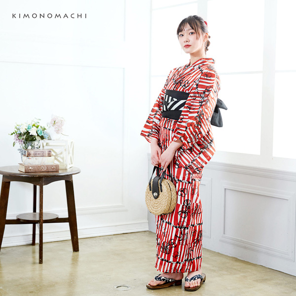 浴衣 レディース 単品 「レッド レトロフラワー」 S F TL LL サイズ KIMONOMACHI 京都きもの町 オリジナル レトロ モダン かわいい 大人柄 変わり織り綿 女性浴衣単品 女浴衣 ゆかた yukata 【メール便不可】