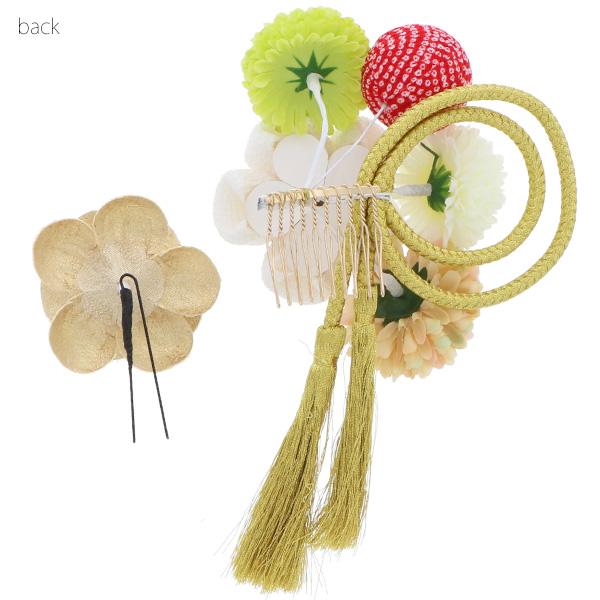 成人式 髪飾り つまみ細工 髪飾り2点セット「白色 つまみのお花、金色房飾り」 卒業式の袴に 房飾り つまみ細工髪飾り ss2112wkk10