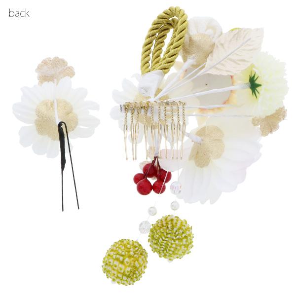 成人式 髪飾り つまみ細工、お花 髪飾り2点セット「白色 お花と剣つまみのお花、絞り玉」 卒業式の袴に 絞り玉飾り フラワーコーム