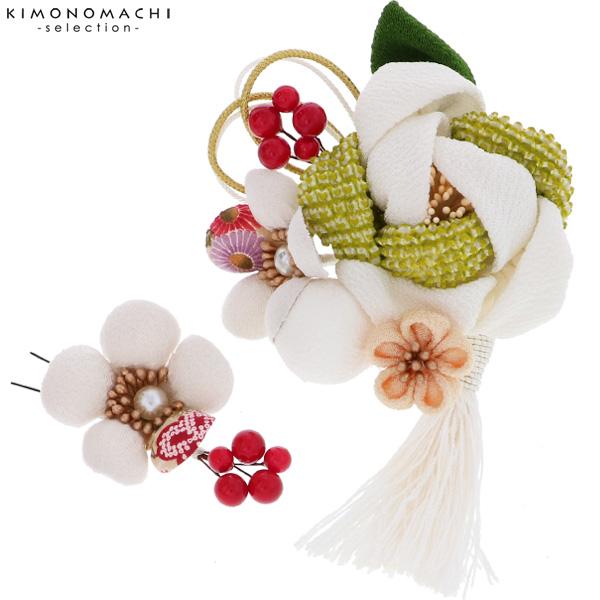 成人式 髪飾り つまみ細工、お花 髪飾り2点セット「白色 ふっくらつまみの椿」 卒業式の袴に フラワーコーム No.52065 白ss2112wkk10