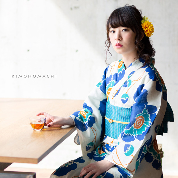 美品 S 京都きもの町 レディース 浴衣 ゆかた 着物 花柄 浴衣 レディース 単品「レトロフラワー ブルー」S F TL LL