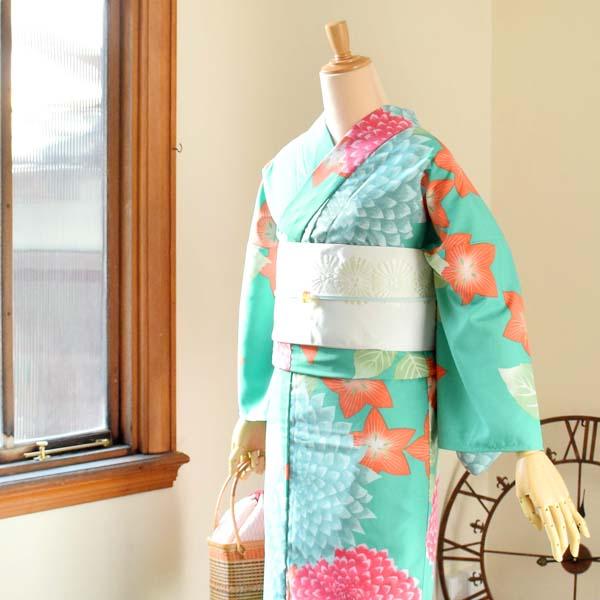 浴衣 レディース 「グリーン ダリア」 吸水速乾 CoolPass ポリエステル浴衣 ポリ浴衣 大人 個性的 花火大会 夏祭り 女性浴衣 女性ゆかた 夏着物 単衣着物 京都きもの町オリジナルKIMONOMACHI