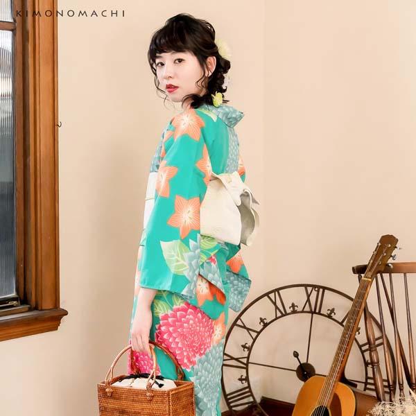 浴衣 レディース 「グリーン ダリア」 吸水速乾 CoolPass ポリエステル浴衣 ポリ浴衣 大人 個性的 花火大会 夏祭り 女性浴衣 女性ゆかた 夏着物 単衣着物 京都きもの町オリジナル KIMONOMACHI