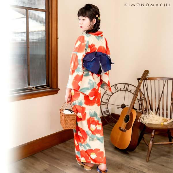 浴衣 レディース 「クリーム 水彩椿」 吸水速乾 CoolPass ポリエステル浴衣 ポリ浴衣 大人 個性的 花火大会 夏祭り 女性浴衣 女性ゆかた 夏着物 単衣着物 京都きもの町オリジナル KIMONOMACHI