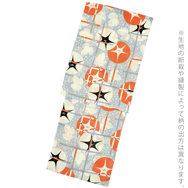 UNSODO LLサイズ ブランド浴衣単品 「薄青地に格子朝顔(9U-1)」 2019年新作 日本製 浴衣 レディース 大きいサイズ 女性浴衣