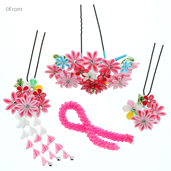 七五三 髪飾り 勝山かんざし ちんころ付き4点セット「ピンク　つまみのお花　剣菊　906」 7歳 つまみ細工 勝山セット 花簪 子供 女の子 女児