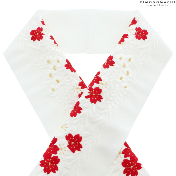 刺繍 半衿 「赤白桜と藤」 衿秀 刺繍半襟 振袖用半衿 前撮り 成人式 刺繍衿 刺繍半襟 ポリエステル半衿 ブランド:襟の衿秀 <H>【メール便対応可】