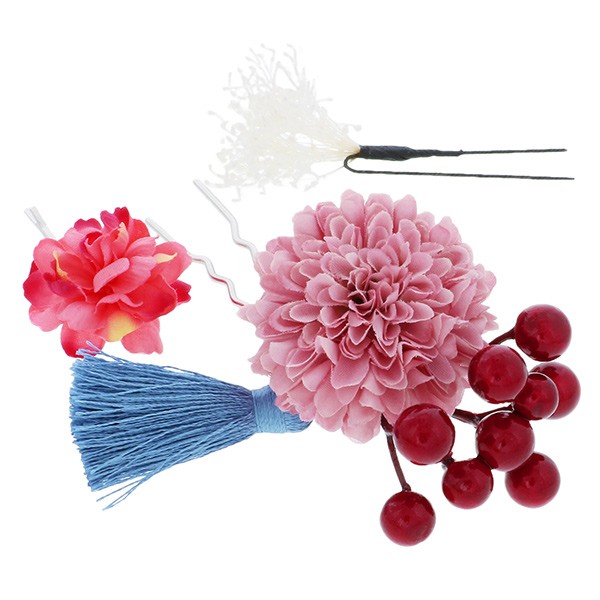 お花の髪飾りセット「ミニかんざしの髪飾りセット　ピンク」 お花とタッセルのミニかんざし、かすみ草のUピン、お花のヘアピンの3点セット 日本製 ヘアアクセサリー 浴衣髪飾り 振袖髪飾り