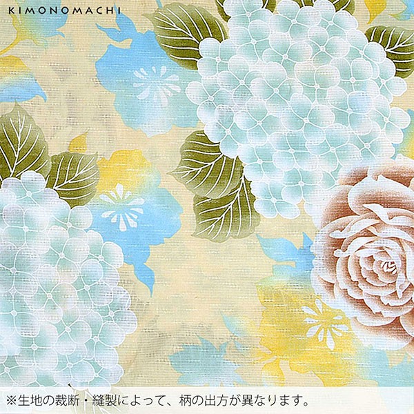 浴衣 レディース 女性浴衣単品「薄黄　あじさいと薔薇」 綿浴衣 プレタ浴衣 お仕立て上がり浴衣 大人浴衣　Fサイズ　女性用　女性浴衣　ゆかた 【メール便不可】