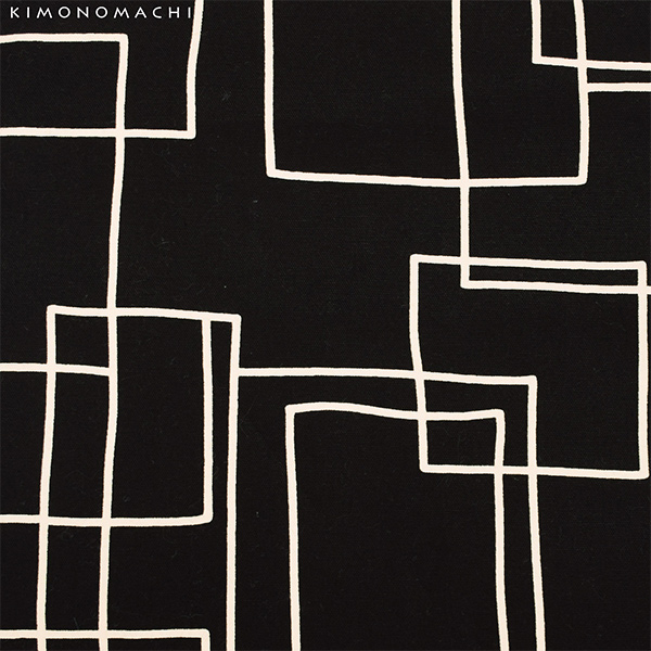 木綿名古屋帯「黒地　スクエア」 木綿帯 八寸名古屋帯 コットン名古屋帯 コットン帯 仕立て上がり帯 カジュアル 洒落帯