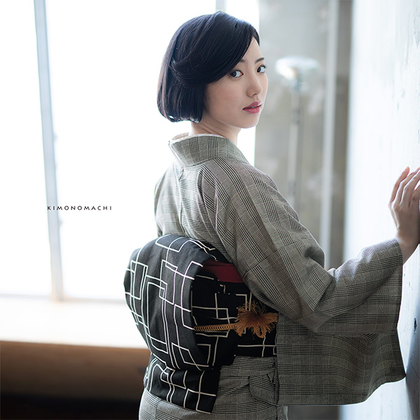 木綿名古屋帯「黒地　スクエア」 木綿帯 八寸名古屋帯 コットン名古屋帯 コットン帯 仕立て上がり帯 カジュアル 洒落帯