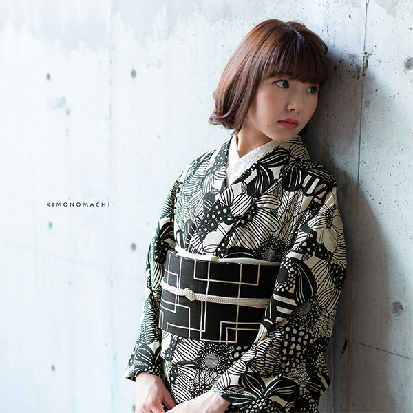 木綿名古屋帯「黒地　スクエア」 木綿帯 八寸名古屋帯 コットン名古屋帯 コットン帯 仕立て上がり帯 カジュアル 洒落帯