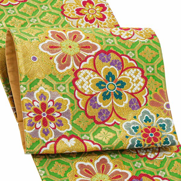 Prices down2】振袖 帯 「黄緑色 蜀江文様と桜」 日本製 西陣織 証紙