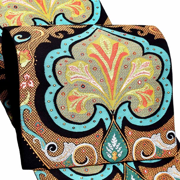 洒落袋帯 「黒地　パシュミナ花文」河崎工房謹製 西陣織証紙番号No.2430 六通柄 日本製 西陣織 絹 未仕立て 訪問着用 色無地用 付下げ用 洒落用袋帯 新品 未使用 ＜T＞【メール便不可】