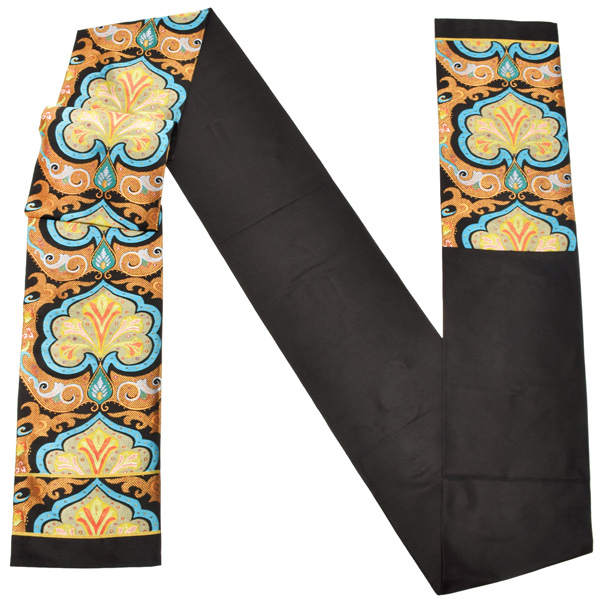 洒落袋帯 「黒地　パシュミナ花文」河崎工房謹製 西陣織証紙番号No.2430 六通柄 日本製 西陣織 絹 未仕立て 訪問着用 色無地用 付下げ用 洒落用袋帯 新品 未使用 ＜T＞【メール便不可】