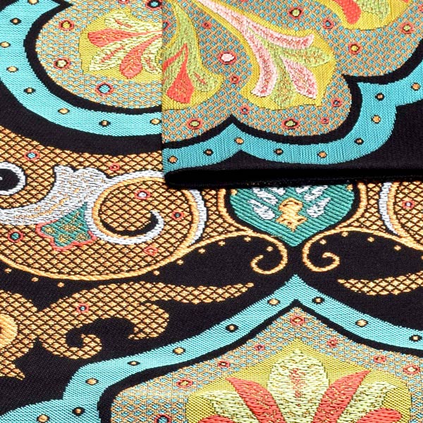 洒落袋帯 「黒地　パシュミナ花文」河崎工房謹製 西陣織証紙番号No.2430 六通柄 日本製 西陣織 絹 未仕立て 訪問着用 色無地用 付下げ用 洒落用袋帯 新品 未使用 ＜T＞【メール便不可】