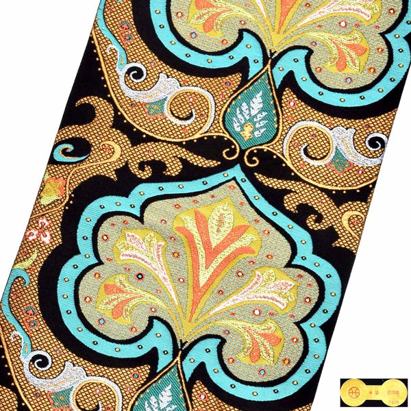 洒落袋帯 「黒地　パシュミナ花文」河崎工房謹製 西陣織証紙番号No.2430 六通柄 日本製 西陣織 絹 未仕立て 訪問着用 色無地用 付下げ用 洒落用袋帯 新品 未使用 ＜T＞【メール便不可】