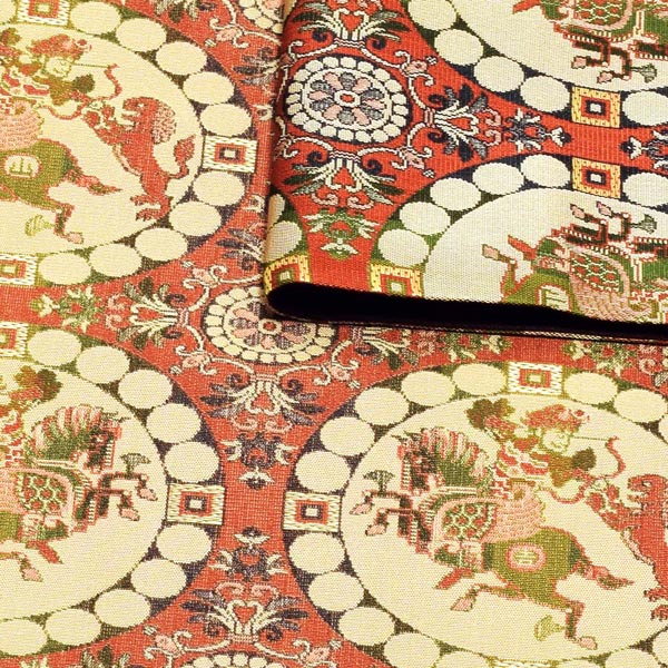 洒落袋帯 「獅子狩文錦」 龍村美術織物謹製 西陣織証紙番号No.644 全通柄 日本製 西陣織 絹 未仕立て 訪問着用 色無地用 付下げ用 洒落用袋帯 新品 未使用 ＜T＞【メール便不可】