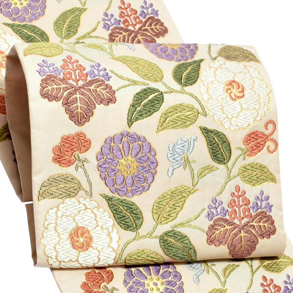 唐織袋帯 「生成り色地　菊唐草」 錦工芸謹製 六通柄 日本製 未仕立て 訪問着用 色無地用 付下げ用 洒落用袋帯 新品 未使用 ＜T＞【メール便不可】