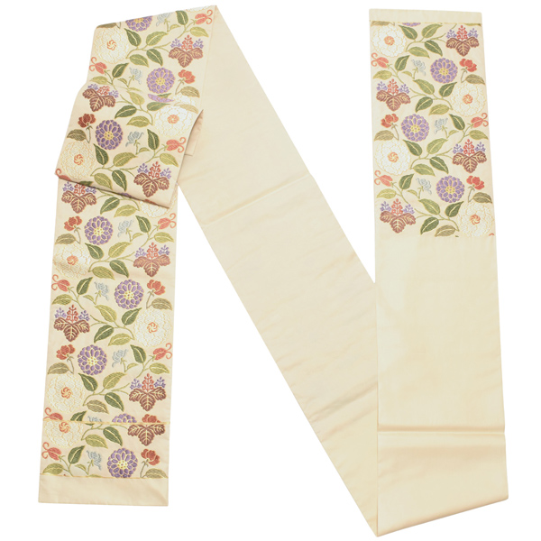 唐織袋帯 「生成り色地　菊唐草」 錦工芸謹製 六通柄 日本製 未仕立て 訪問着用 色無地用 付下げ用 洒落用袋帯 新品 未使用 ＜T＞【メール便不可】