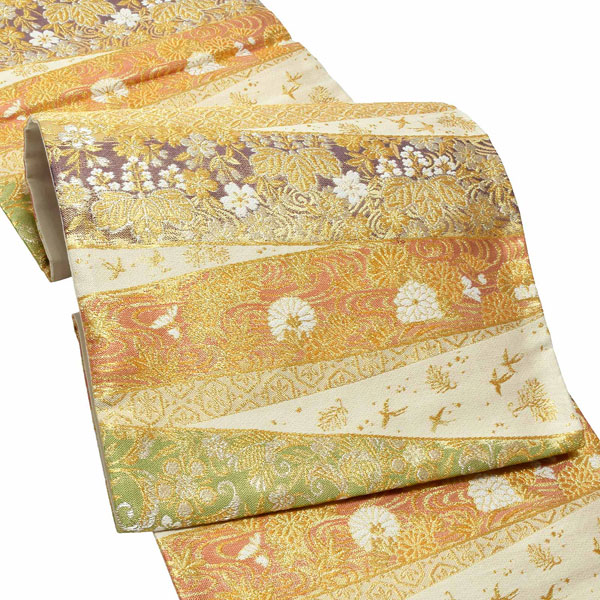 礼装 袋帯 フォーマル 「生成り色地　横段　華紋」 日本製 西陣織 西陣織証紙番号No.2362 大光株式会社 絹 未仕立て 六通柄 訪問着用 色留袖用 礼装袋帯 ＜T＞【メール便不可】