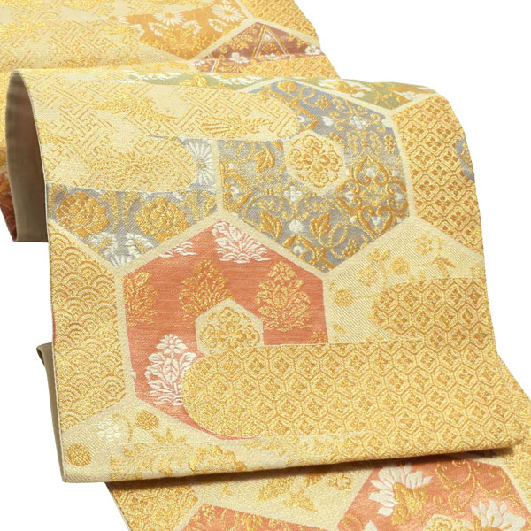 礼装 袋帯 フォーマル 「生成り色地　雲に亀甲、華紋」 日本製 西陣織 西陣織証紙番号No.1810 浅田叡一織物 絹 未仕立て 六通柄 訪問着用 色留袖用 礼装袋帯 ＜T＞【メール便不可】