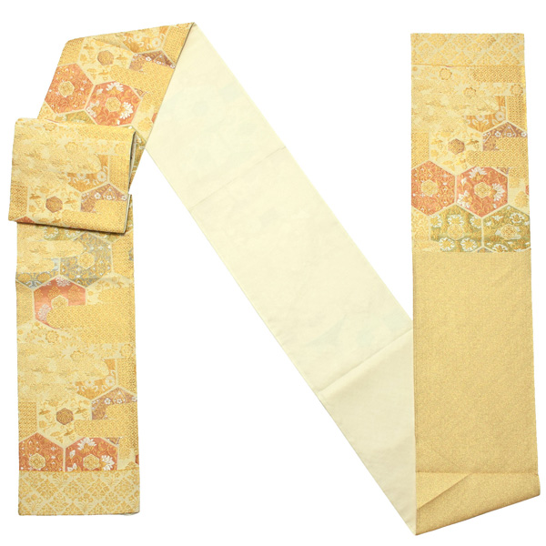 礼装 袋帯 フォーマル 「生成り色地　雲に亀甲、華紋」 日本製 西陣織 西陣織証紙番号No.1810 浅田叡一織物 絹 未仕立て 六通柄 訪問着用 色留袖用 礼装袋帯 ＜T＞【メール便不可】