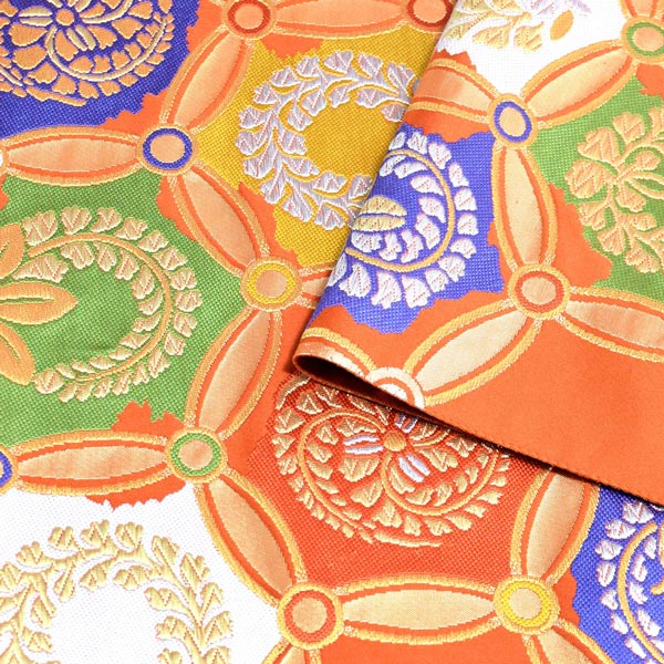 【Prices down2】振袖 帯 振袖用袋帯「朱色地 輪繋ぎに藤紋」となみ織物謹製 西陣証紙番号No.452 六通柄 オレンジ 橙 日本製 西陣織 絹 未仕立て 振袖用 礼装用袋帯 新品 未使用 【メール便不可】＜T＞ss2512ofk40 Prices down2】振袖 帯 振袖用袋帯「朱色地 輪繋ぎに藤紋」となみ織物