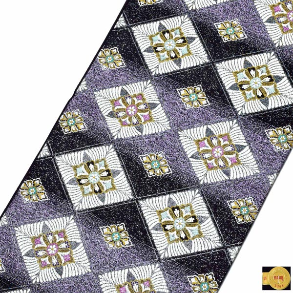 袋帯 礼装用袋帯 「黒地　菱取重ね紋」帯匠山下謹製 西陣証紙番号No.2348 六通柄 綴れ織 訪問着用 お洒落着用 日本製 西陣織 絹 未仕立て 新品 未使用 ＜T＞【メール便不可】