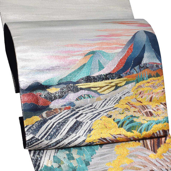 袋帯 礼装用袋帯 貴秀螺鈿 「螺鈿　シルバー　山水に風景文様」 お洒落着用 日本製 西陣織 絹 未仕立て 新品 未使用 ＜T＞【メール便不可】