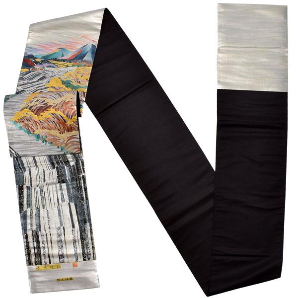 袋帯 礼装用袋帯 貴秀螺鈿 「螺鈿　シルバー　山水に風景文様」 お洒落着用 日本製 西陣織 絹 未仕立て 新品 未使用 ＜T＞【メール便不可】