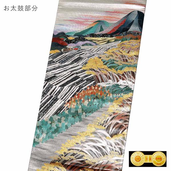 袋帯 礼装用袋帯 貴秀螺鈿 「螺鈿　シルバー　山水に風景文様」 お洒落着用 日本製 西陣織 絹 未仕立て 新品 未使用 ＜T＞【メール便不可】