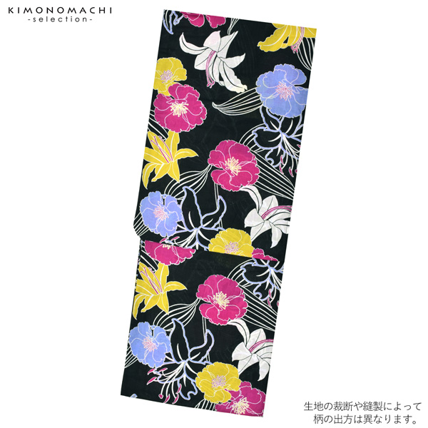 浴衣 レディース 単品 「黒地　マツバボタン、ブルー、赤紫」 フリーサイズ レトロ モダン 大人柄 女性浴衣単品 女浴衣 ゆかた yukata 【メール便不可】