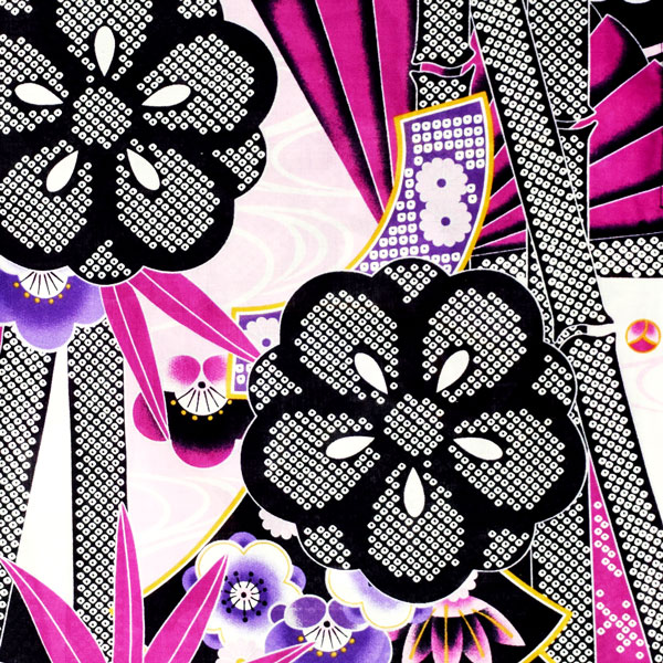 浴衣 レディース 単品 「黒×紫　扇に竹、花紋」 フリーサイズ レトロ モダン 大人柄 女性浴衣単品 女浴衣 ゆかた yukata 【メール便不可】