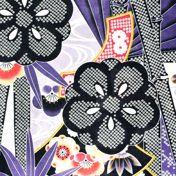 浴衣 レディース 単品 「黒×グレー　扇に竹、花紋」 フリーサイズ レトロ モダン 大人柄 女性浴衣単品 女浴衣 ゆかた yukata 【メール便不可】