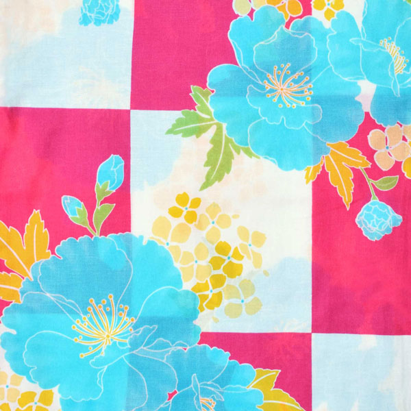 浴衣 レディース 単品 「白×ピンク市松　牡丹と花」 フリーサイズ レトロ モダン 大人柄 女性浴衣単品 女浴衣 ゆかた yukata 【メール便不可】