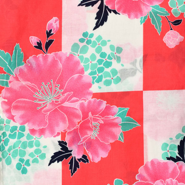 浴衣 レディース 単品 「白×ローズピンク市松　牡丹と花」 フリーサイズ レトロ モダン 大人柄 女性浴衣単品 女浴衣 ゆかた yukata 【メール便不可】