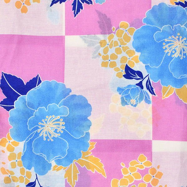 浴衣 レディース 単品 「白×パープル市松　牡丹と花」 フリーサイズ レトロ モダン 大人柄 女性浴衣単品 女浴衣 ゆかた yukata 【メール便不可】