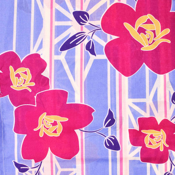 浴衣 レディース 単品 「白×ブルー縞　ローズ」 フリーサイズ レトロ モダン 大人柄 女性浴衣単品 女浴衣 ゆかた yukata 【メール便不可】