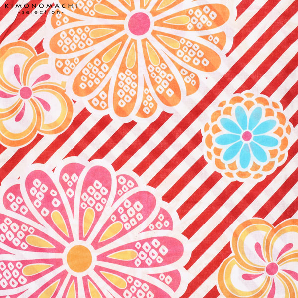 浴衣 レディース 単品 「赤、斜めストライプ　菊花、オレンジ色」 フリーサイズ レトロ モダン 大人柄 女性浴衣単品 女浴衣 ゆかた yukata 【メール便不可】