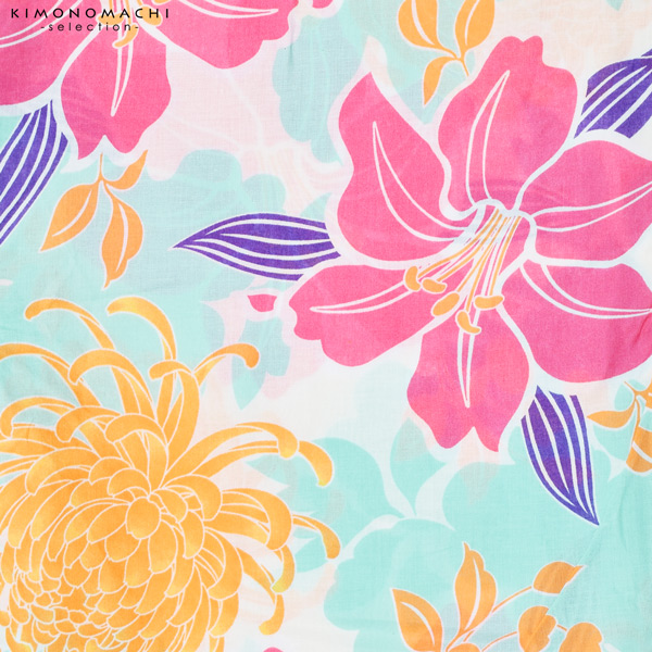 浴衣 レディース 単品 「白地　菊に百合、オレンジ」 フリーサイズ レトロ モダン 大人柄 女性浴衣単品 女浴衣 ゆかた yukata 【メール便不可】