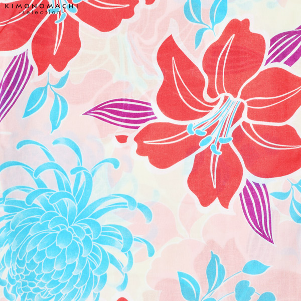 浴衣 レディース 単品 「白地　菊に百合、水色」 フリーサイズ レトロ モダン 大人柄 女性浴衣単品 女浴衣 ゆかた yukata 【メール便不可】