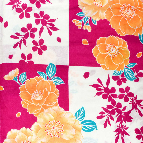 浴衣 レディース 単品 「白×赤紫、市松　八重桜」 フリーサイズ レトロ モダン 大人柄 女性浴衣単品 女浴衣 ゆかた yukata 【メール便不可】