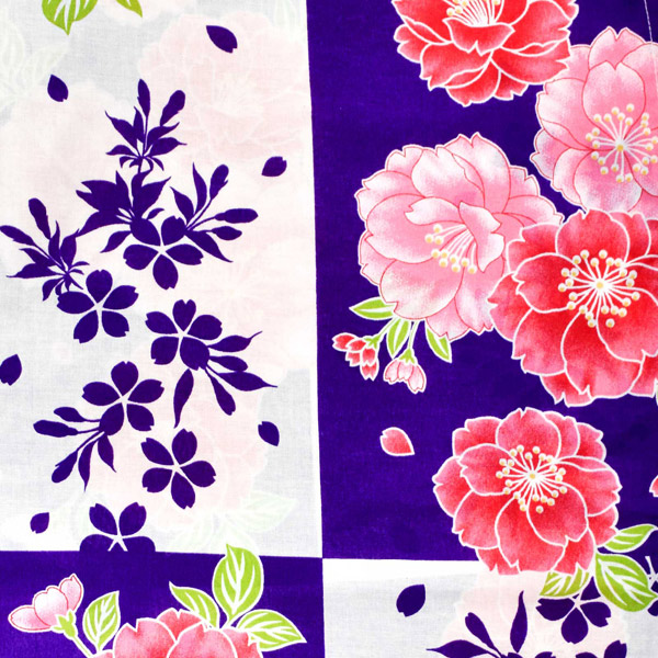 浴衣 レディース 単品 「白×青紫、市松　八重桜」 フリーサイズ レトロ モダン 大人柄 女性浴衣単品 女浴衣 ゆかた yukata 【メール便不可】