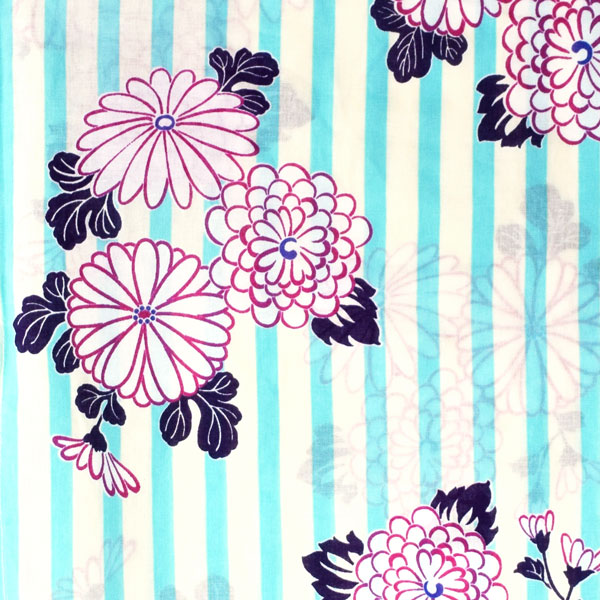 浴衣 レディース 単品 「白×ミント、ストライプ　菊」 フリーサイズ レトロ モダン 大人柄 女性浴衣単品 女浴衣 ゆかた yukata 【メール便不可】