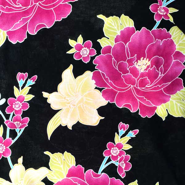 浴衣 レディース 単品 「黒地　牡丹に百合」 フリーサイズ レトロ モダン 大人柄 女性浴衣単品 女浴衣 ゆかた yukata 【メール便不可】