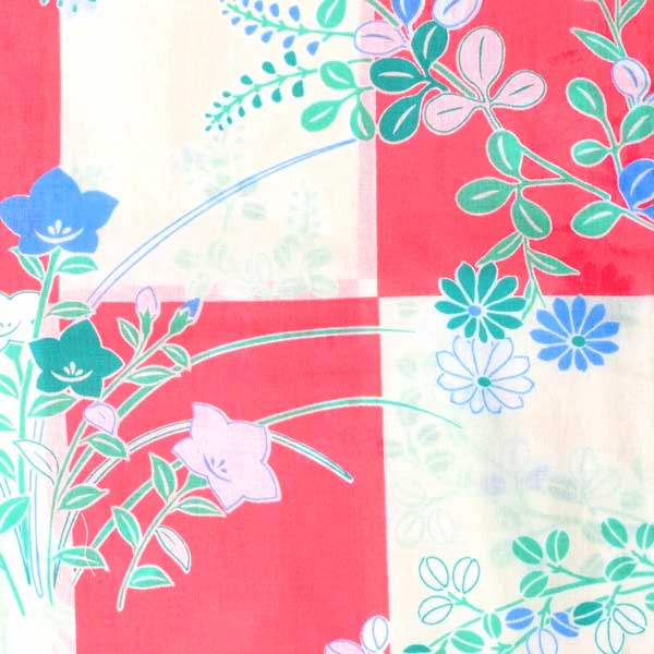 浴衣 レディース 単品 「淡赤×生成り色、市松　秋草」 フリーサイズ レトロ モダン 大人柄 女性浴衣単品 女浴衣 ゆかた yukata 【メール便不可】