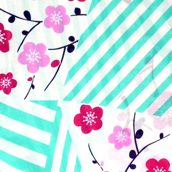 浴衣 レディース 単品 「白×ミント、変わりストライプ　梅」 フリーサイズ レトロ モダン 大人柄 女性浴衣単品 女浴衣 ゆかた yukata 【メール便不可】