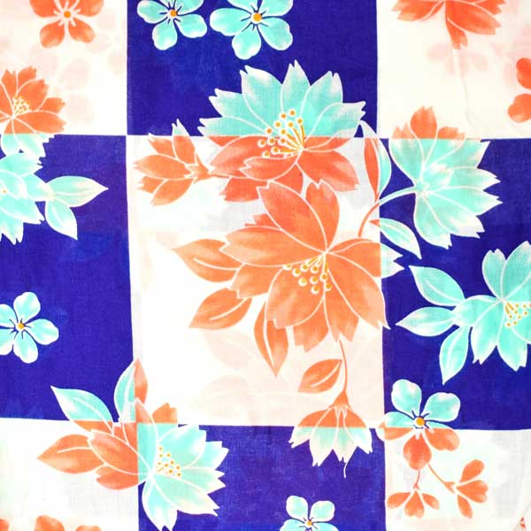 浴衣 レディース 単品 「青×白、市松　八重桜」 フリーサイズ レトロ モダン 大人柄 女性浴衣単品 女浴衣 ゆかた yukata 【メール便不可】
